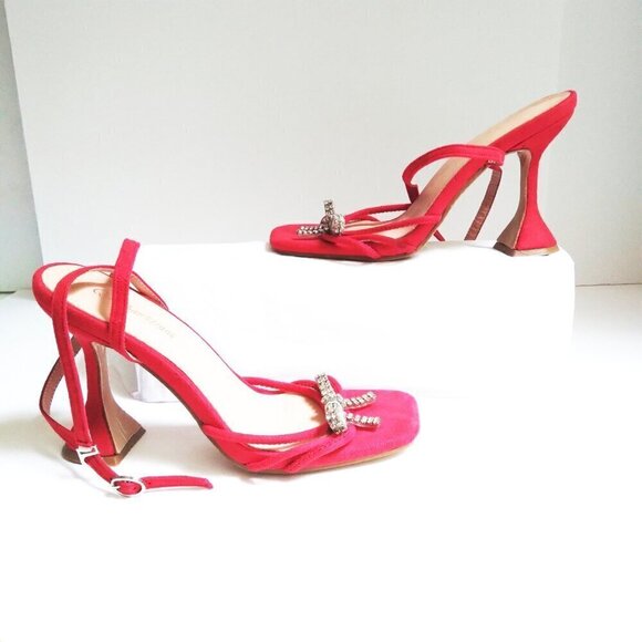Red  Rhinestone Bow  Square Toe Wrap Around Strappy Sandals Horsehoof Heel Sz 38 - Picture 6 of 9